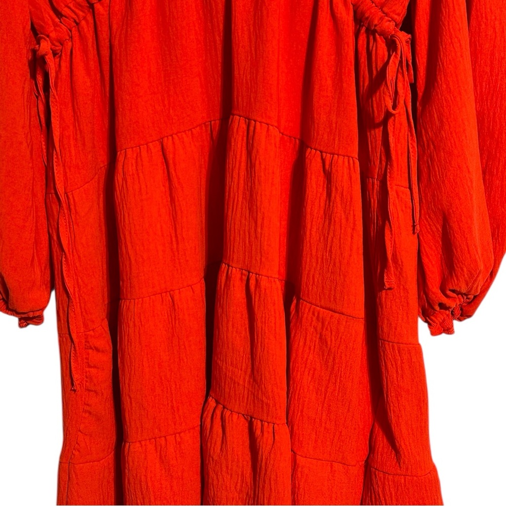 Max Studio NWT Vibrant Red V Neck Side Tie Boho Tiered Crinkle Jersey Knit Dress - Picture 11 of 13